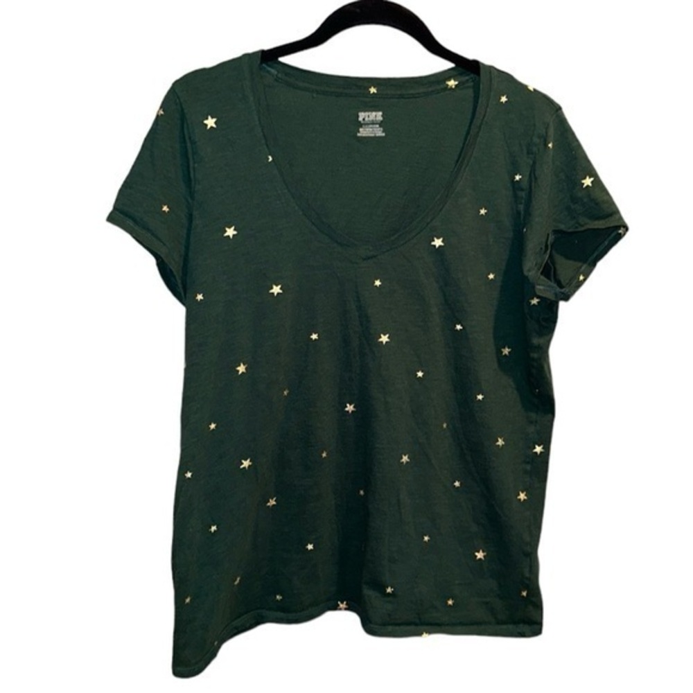Victoria’s Secret PINK Green V-neck Tshirt With Gold Stars Size L